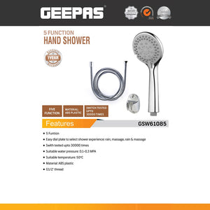 Geepas GSW61085 5 Function Hand Shower Set with Hose & Bracket | ABS Plastic Chrome Finish | G1/2 Thread Connector | Multi-Spray Bathroom Shower Head | 1 Year warranty