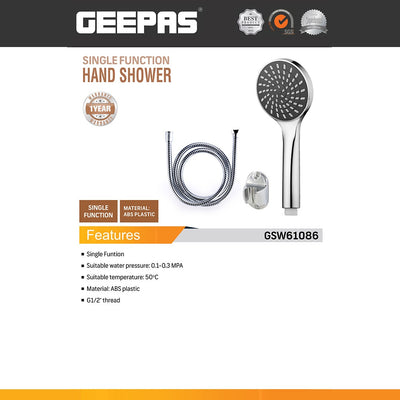 Geepas GSW61086 Single Function Hand Shower Set with Hose & Bracket | ABS Plastic Chrome Finish | G1/2 Thread Connector for Modern Bathrooms and Daily Use Easy Setup