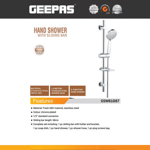 Geepas GSW61087 Hand Shower with Sliding Bar | 3 Function ABS Hand Shower Set | 68cm Stainless Steel Rail | 1.5m Hose | Soap Dish with Adjustable Holder | Durable