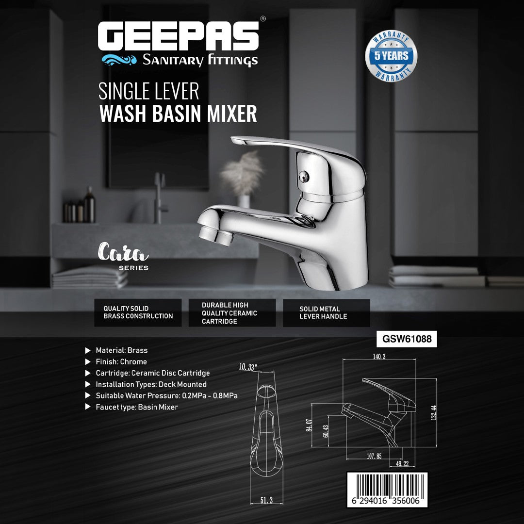 Geepas GSW61088 Single Lever Wash Basin Mixer | Solid Brass Body | Premium Chrome Finish | Ceramic Disc Cartridge | Deck Mounted Bathroom Faucet | Smooth Operation