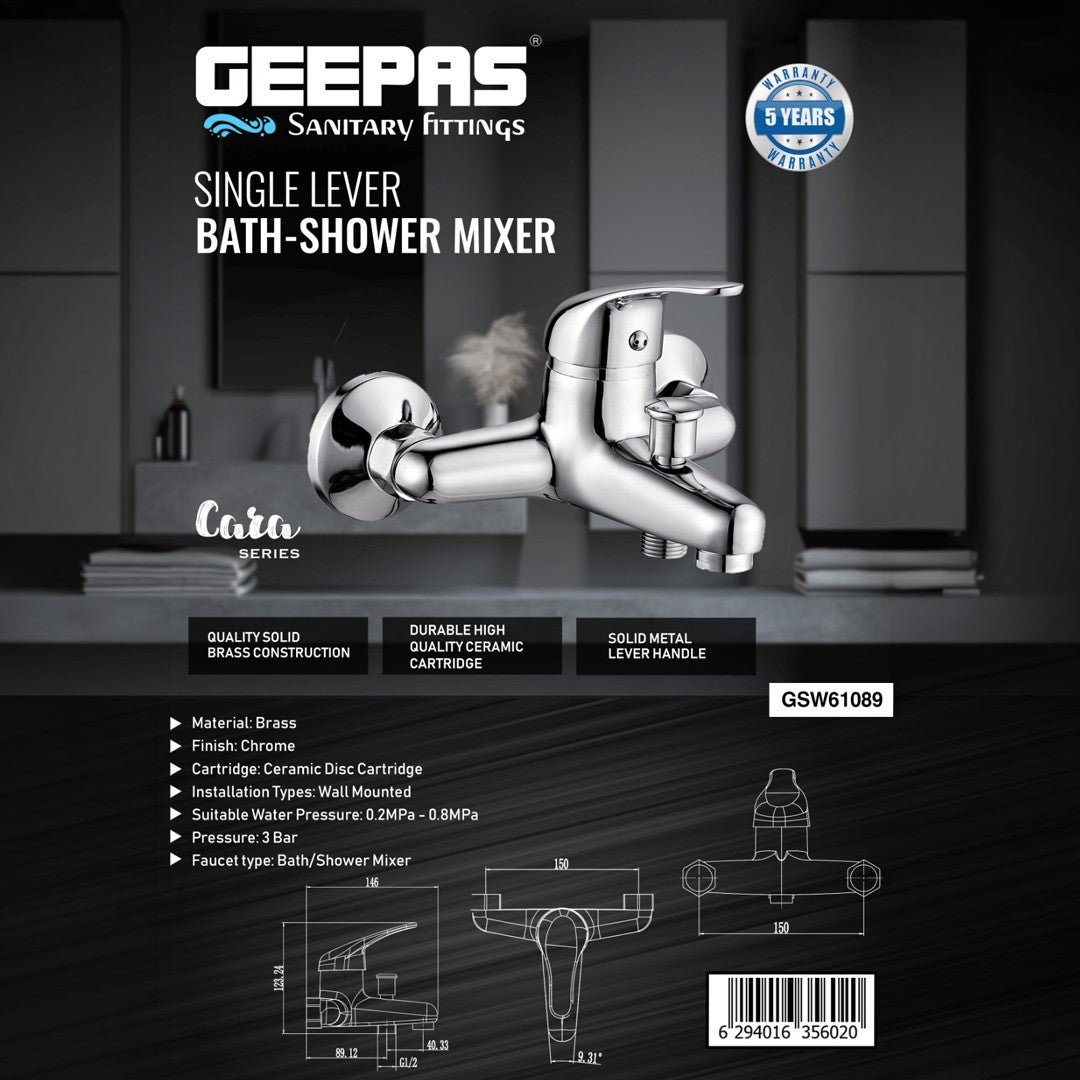 Geepas GSW61089 Single Lever Bath Shower Mixer | Wall Mounted Brass Faucet with Chrome Finish | Ceramic Disc Cartridge and Integrated Diverter | Perfect for Bathrooms