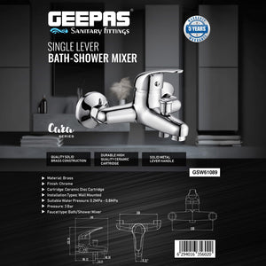 Geepas GSW61089 Single Lever Bath Shower Mixer | Wall Mounted Brass Faucet with Chrome Finish | Ceramic Disc Cartridge and Integrated Diverter | Perfect for Bathrooms