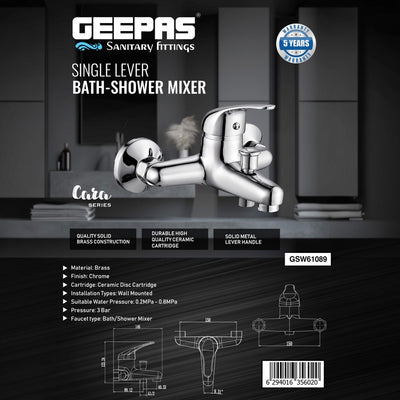 Geepas GSW61089 Single Lever Bath Shower Mixer | Wall Mounted Brass Faucet with Chrome Finish | Ceramic Disc Cartridge and Integrated Diverter | Perfect for Bathrooms