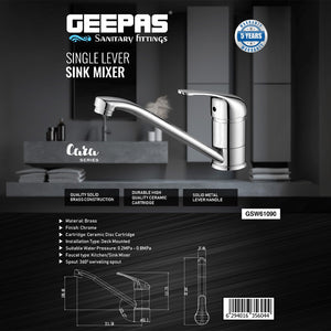 Geepas GSW61090 Single Lever Sink Mixer Tap | Solid Brass Deck Mounted Kitchen Faucet with 360° Swivel Spout | Ceramic Disc Cartridge & Chrome Finish for Modern Kitchens