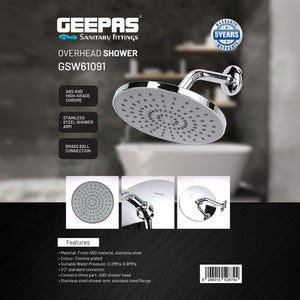 Geepas GSW61091 Overhead Shower with ABS Rain Shower Head | Stainless Steel Shower Arm & Flange |Brass Ball Joint| High-Grade Chrome Finish | 1/2 Inch Universal Connector