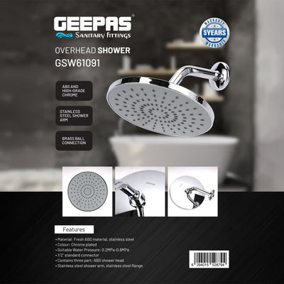 Geepas GSW61091 Overhead Shower with ABS Rain Shower Head | Stainless Steel Shower Arm & Flange |Brass Ball Joint| High-Grade Chrome Finish | 1/2 Inch Universal Connector