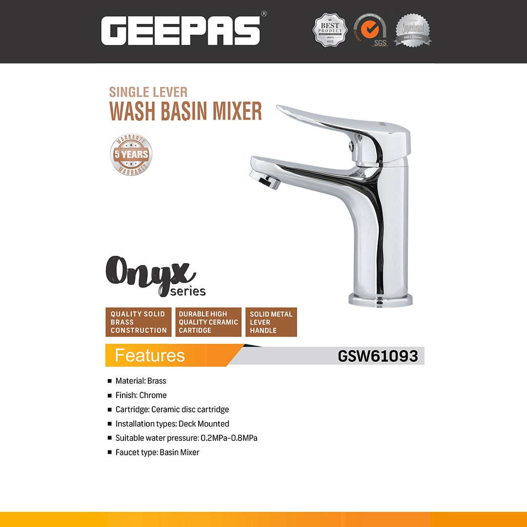 Geepas GSW61093 Single Lever Wash Basin Mixer | Solid Brass Body | Chrome Finish | Ceramic Disc Cartridge | Deck Mounted Bathroom Faucet |Perfect For  Modern Homes