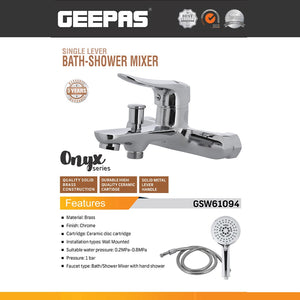 Geepas GSW61094 Onyx Series Single Lever Bath-Shower Mixer |  Solid Brass Wall Mounted Chrome Faucet with Ceramic Disc Cartridge | Hand Shower and Flexible Hose Set