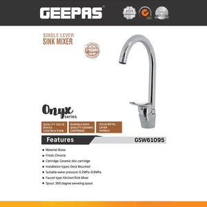 Geepas GSW61095 Single Lever Kitchen Sink Mixer Tap | Solid Brass Deck Mounted Faucet with 360° Swivel Spout | Ceramic Cartridge | Chrome Finish for Modern Kitchens