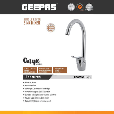 Geepas GSW61095 Single Lever Kitchen Sink Mixer Tap | Solid Brass Deck Mounted Faucet with 360° Swivel Spout | Ceramic Cartridge | Chrome Finish for Modern Kitchens