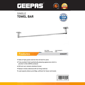 Geepas GSW61097 Stainless Steel Single Towel Bar | SUS-201 Rust-Free Finish | Wall-Mount Design | 8kg Load Capacity & Durable Construction for Modern Home Bathrooms