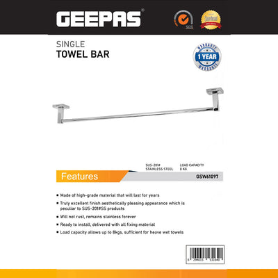 Geepas GSW61097 Stainless Steel Single Towel Bar | SUS-201 Rust-Free Finish | Wall-Mount Design | 8kg Load Capacity & Durable Construction for Modern Home Bathrooms