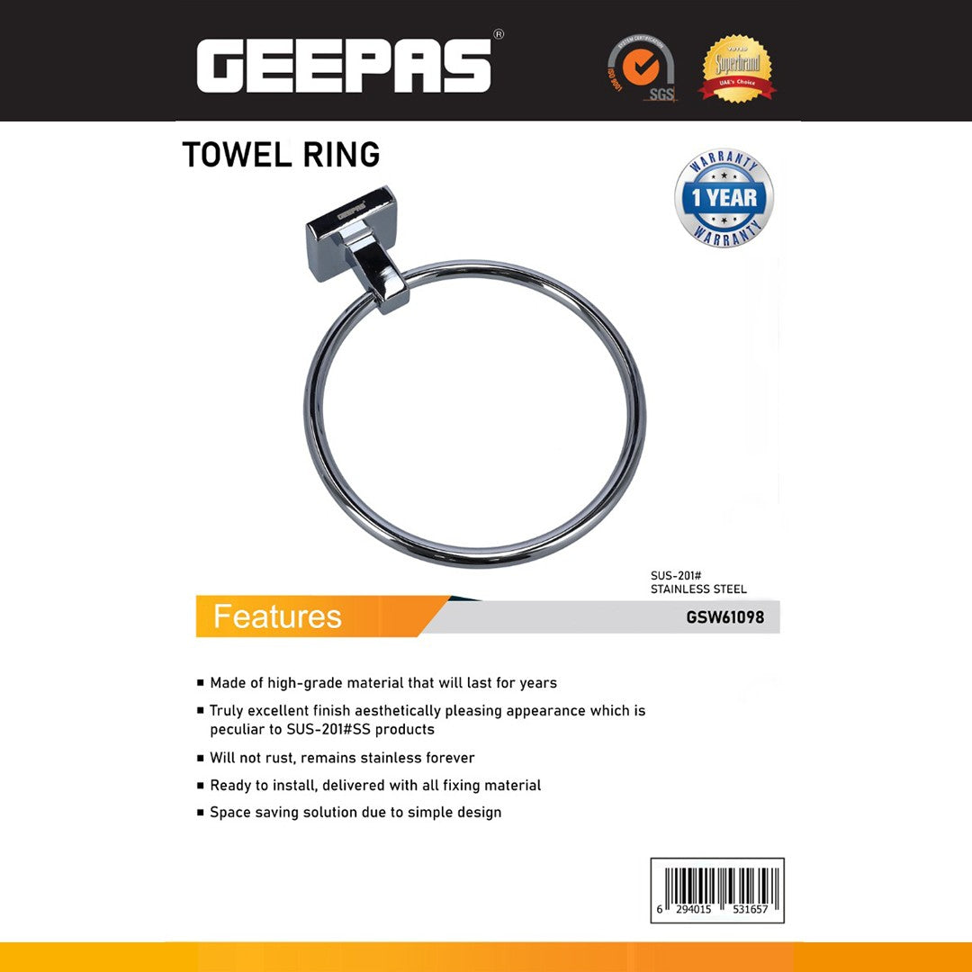 Geepas GSW61098 Stainless Steel Towel Ring| SUS 201 Rust Resistant Bathroom Towel Holder with Modern Wall Mounted Design| Easy Install Space Saving Accessory for Homes