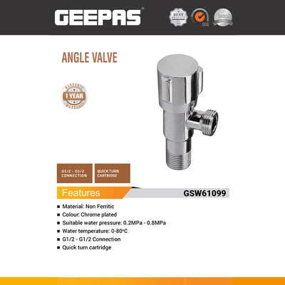 Geepas GSW61099 Angle Valve | G1/2 x G1/2 Chrome Plated Quick Turn Sanitary Fitting | Durable Non-Ferritic Water Control Valve for Bathroom, Kitchen & Toilet Plumbing