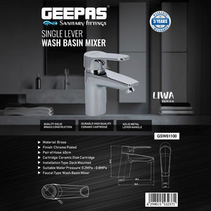 Geepas Single Lever Wash Basin Mixer, 60cm Hose, GSW61100 | Chrome Plated | Ceramic Disk Cartridge | 0.2mpa-0.8mpa Water Pressure | Deck Mounted | Metal Lever Handle