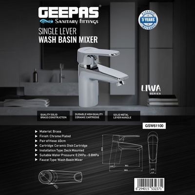 Geepas Single Lever Wash Basin Mixer, 60cm Hose, GSW61100 | Chrome Plated | Ceramic Disk Cartridge | 0.2mpa-0.8mpa Water Pressure | Deck Mounted | Metal Lever Handle