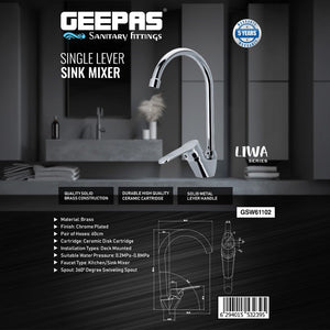 Geepas GSW61102 Single Lever Brass Kitchen Sink Mixer Tap | Chrome Plated Deck Mounted Faucet with 360° Swivel Spout  | Ceramic Disc Cartridge|  5-Year Warranty