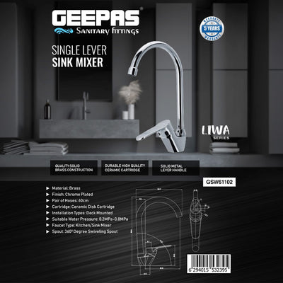 Geepas GSW61102 Single Lever Brass Kitchen Sink Mixer Tap | Chrome Plated Deck Mounted Faucet with 360° Swivel Spout  | Ceramic Disc Cartridge|  5-Year Warranty