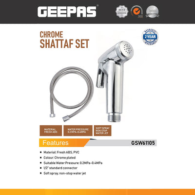 Geepas GSW61105 Chrome Shattaf Set with Hose |  ABS Handheld Bidet Spray |  1/2 Inch Connector|  Soft Water Jet Bathroom Hygiene Spray for Toilets |  2-Year Warranty