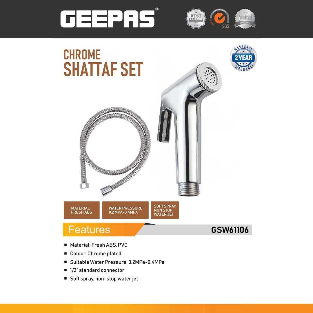Geepas GSW61106 Chrome Shattaf Set with Hose | ABS Handheld Bidet Spray| Soft Water Jet | 1/2 Inch Connector | Trigger Control | Bathroom Hygiene Spray | 2-Year Warranty