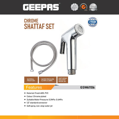 Geepas GSW61106 Chrome Shattaf Set with Hose | ABS Handheld Bidet Spray| Soft Water Jet | 1/2 Inch Connector | Trigger Control | Bathroom Hygiene Spray | 2-Year Warranty