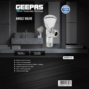 Geepas GSW61113 Angle Valve G1/2 x G1/2 Chrome Plated Sanitary Fitting | Full Turn Cartridge | Durable Water Control Valve for Bathroom, Kitchen & Toilet Plumbing