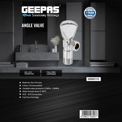 Geepas GSW61113 Angle Valve G1/2 x G1/2 Chrome Plated Sanitary Fitting | Full Turn Cartridge | Durable Water Control Valve for Bathroom, Kitchen & Toilet Plumbing
