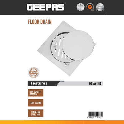 Geepas Round Floor Drain- GSW61115| High-Quality Stainless Steel Drain with Lid| Waste Water Drain for Bathroom, Kitchen| 150X150 MM| 20 Years Warranty| Silver