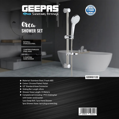 Geepas Orca Shower Set GSW61122 | Chrome Plated, High-Quality Material | Includes Sliding Bar with Holder, Soap Dish, Hand Shower, Hose & Plug | 3-Year Warranty