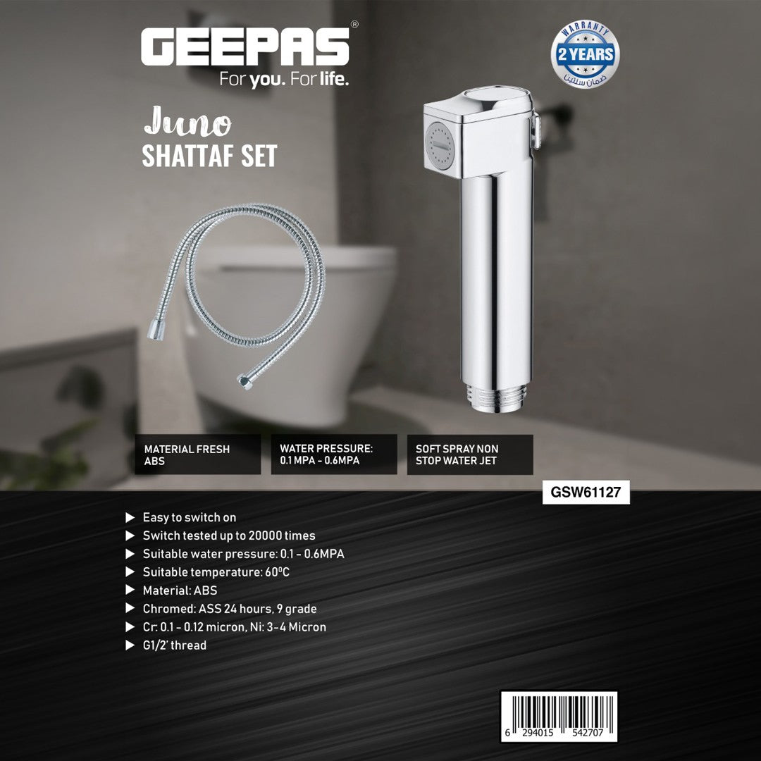 Geepas Juno Shattaf Set- GSW61127| Soft Spray Non-Stop Water Jet with Easy Switch On| High-Quality ABS Material, G1/2" Thread| 60-Degrees Celsius| For Bathroom Use|Silver