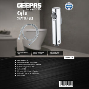 Geepas Cylo Shattaf Set- GSW61128|Soft Spray Non-Stop Water Jet|Easy Switch On| High-Quality ABS Material, G1/2" Thread| Suitable Water Temperature- 60° Celsius| | Silver