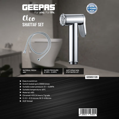 Geepas Cleo Shattaf Set GSW61129 | Soft Spray Non-Stop Water Jet with Easy Switch | Made of High-Quality ABS, G1/2" Thread | Suitable for 60°C Water | Silver