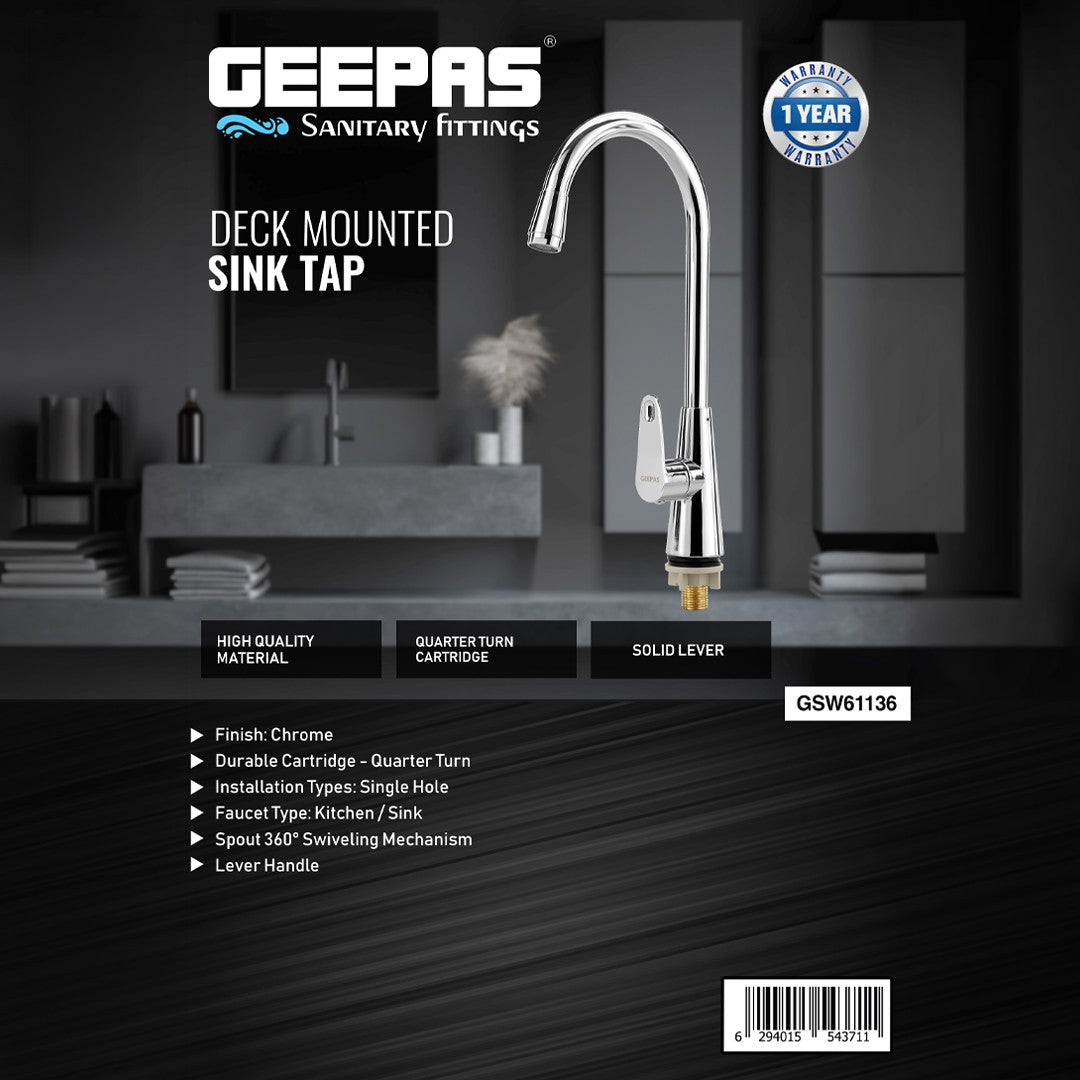 Geepas Deck Mounted Sink Tap GSW61136 | Single Hole Mounted Tap for Kitchen & Bathroom, Chrome Finish, Durable Quarter Turn Cartridge, Leak-Proof, 360° Swivel Spout