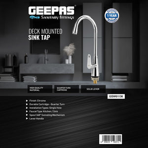 Geepas Deck Mounted Sink Tap GSW61136 | Single Hole Mounted Tap for Kitchen & Bathroom, Chrome Finish, Durable Quarter Turn Cartridge, Leak-Proof, 360° Swivel Spout