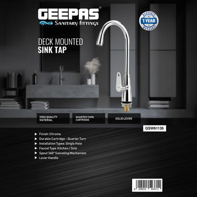 Geepas Deck Mounted Sink Tap GSW61136 | Single Hole Mounted Tap for Kitchen & Bathroom, Chrome Finish, Durable Quarter Turn Cartridge, Leak-Proof, 360° Swivel Spout