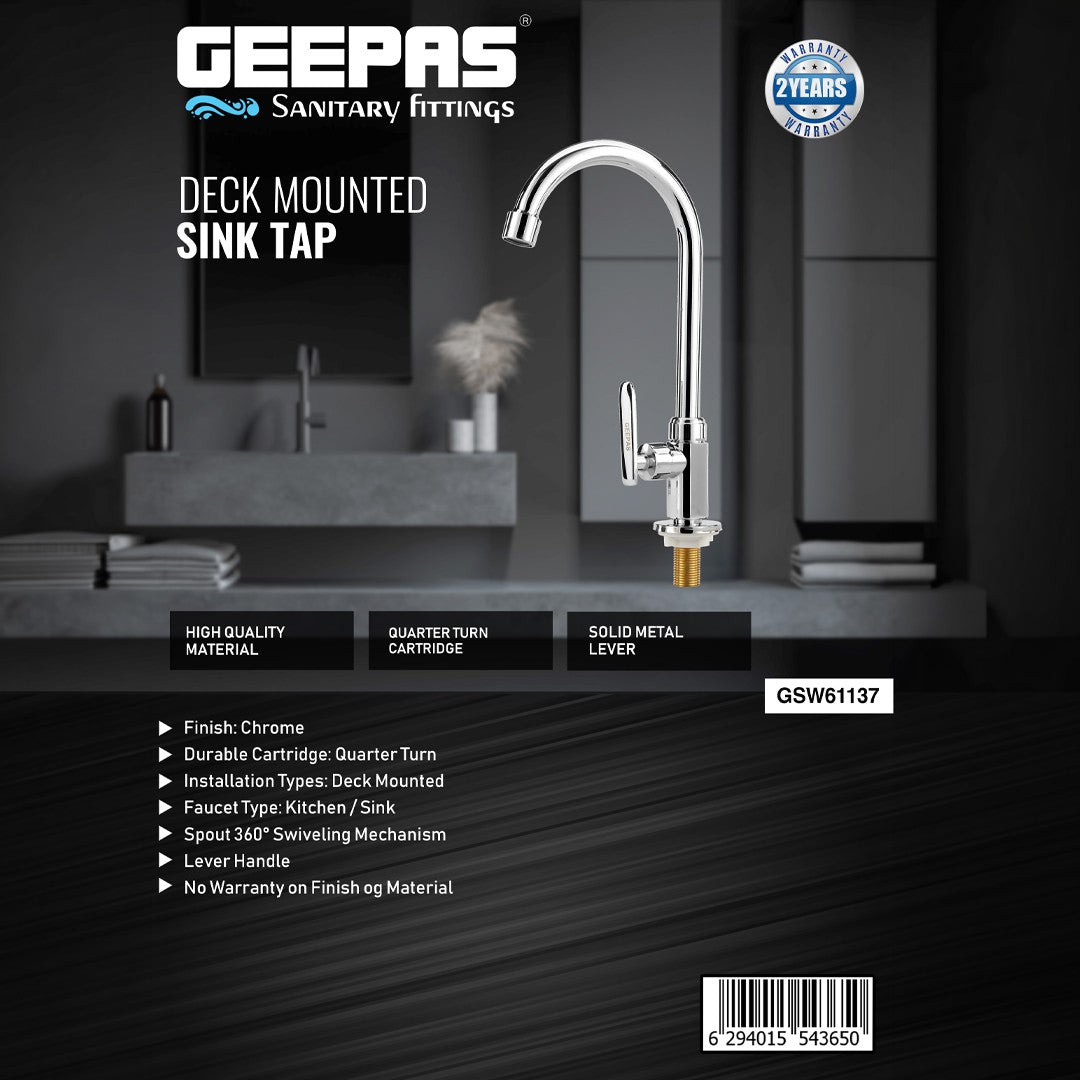 Geepas Deck Mounted Sink Tap GSW61137 | Single Hole Mount for Kitchen & Bathroom | Chrome Finish, Durable Quarter Turn Cartridge, Leak-Proof Handle, 360° Swivel Spout