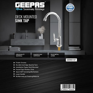 Geepas Deck Mounted Sink Tap GSW61137 | Single Hole Mount for Kitchen & Bathroom | Chrome Finish, Durable Quarter Turn Cartridge, Leak-Proof Handle, 360° Swivel Spout