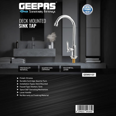 Geepas Deck Mounted Sink Tap GSW61137 | Single Hole Mount for Kitchen & Bathroom | Chrome Finish, Durable Quarter Turn Cartridge, Leak-Proof Handle, 360° Swivel Spout