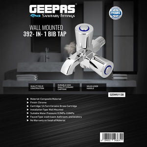 Geepas Wall Mounted 2-IN-1 Bib Tap GSW61138 | Brass tap with chrome finish, solid lever handle, ceramic cartridge, single hole install, Suitable for Toilets, Lavatory Etc