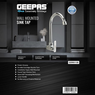 Geepas Wall Mounted Sink Tap GSW61139 | Single Hole Kitchen & Bathroom Tap | Chrome Finish, Durable Quarter Turn Cartridge, Leak-Proof Handle, 360° Swivel Spout