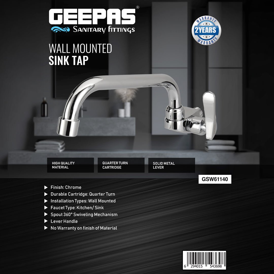 Geepas Wall Mounted Sink Tap GSW61140 | Single Hole Kitchen & Bathroom Tap | Chrome Finish, Durable Quarter Turn Cartridge, Leak-Proof Handle & 360° Swiveling Spout