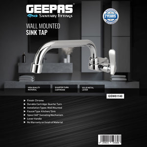 Geepas Wall Mounted Sink Tap GSW61140 | Single Hole Kitchen & Bathroom Tap | Chrome Finish, Durable Quarter Turn Cartridge, Leak-Proof Handle & 360° Swiveling Spout