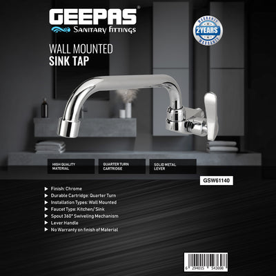 Geepas Wall Mounted Sink Tap GSW61140 | Single Hole Kitchen & Bathroom Tap | Chrome Finish, Durable Quarter Turn Cartridge, Leak-Proof Handle & 360° Swiveling Spout