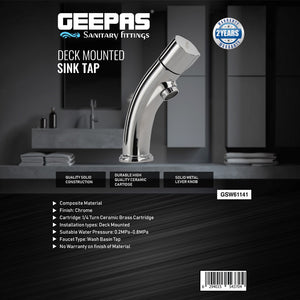 Geepas Deck Mounted Sink Tap- GSW61141| Quality Solid Brass Construction| Solid Metal Lever Knob with Chrome Finish| Turn Ceramic Brass Cartridge, Durable|1-Year Warranty