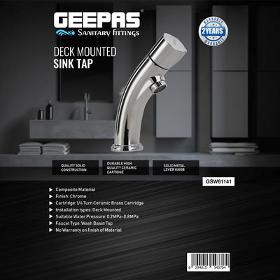 Geepas Deck Mounted Sink Tap- GSW61141| Quality Solid Brass Construction| Solid Metal Lever Knob with Chrome Finish| Turn Ceramic Brass Cartridge, Durable|1-Year Warranty