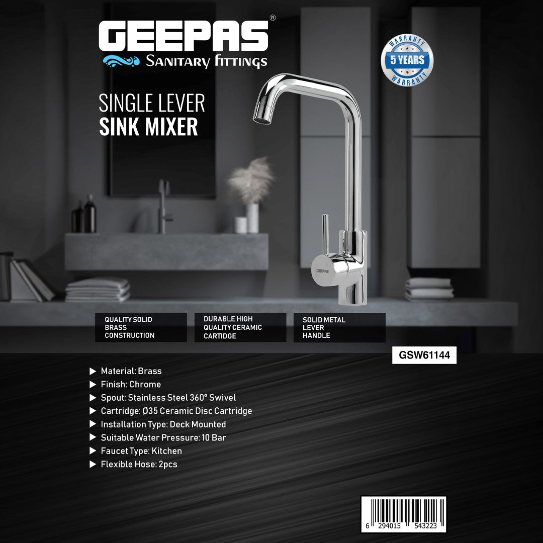 Geepas Single Lever Sink Mixer GSW61144 | Brass Deck Mounted Tap for Kitchen/Bathroom | Solid Handle, Ceramic Cartridge, Leak-Proof, 360° Spout | 5-Year Warranty