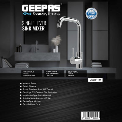 Geepas Single Lever Sink Mixer GSW61144 | Brass Deck Mounted Tap for Kitchen/Bathroom | Solid Handle, Ceramic Cartridge, Leak-Proof, 360° Spout | 5-Year Warranty