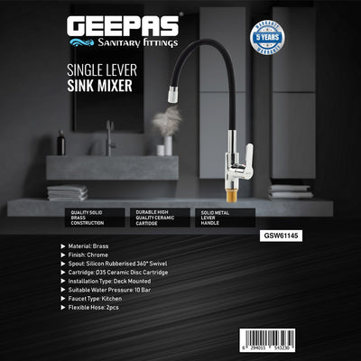 Geepas Single Lever Sink Mixer GSW61145 | Brass Deck Mounted Tap for Kitchen/Bathroom | Solid Handle, Ceramic Cartridge, Leak-Proof, 360° Swivel | 5-Year Warranty