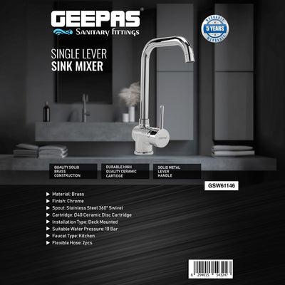 Geepas Single Lever Sink Mixer- GSW61146 | Brass Deck Mounted Tap for Kitchen/Bathroom | Solid Handle, Ceramic Cartridge, Leak-Proof, 360° Spout | 5-Year Warranty