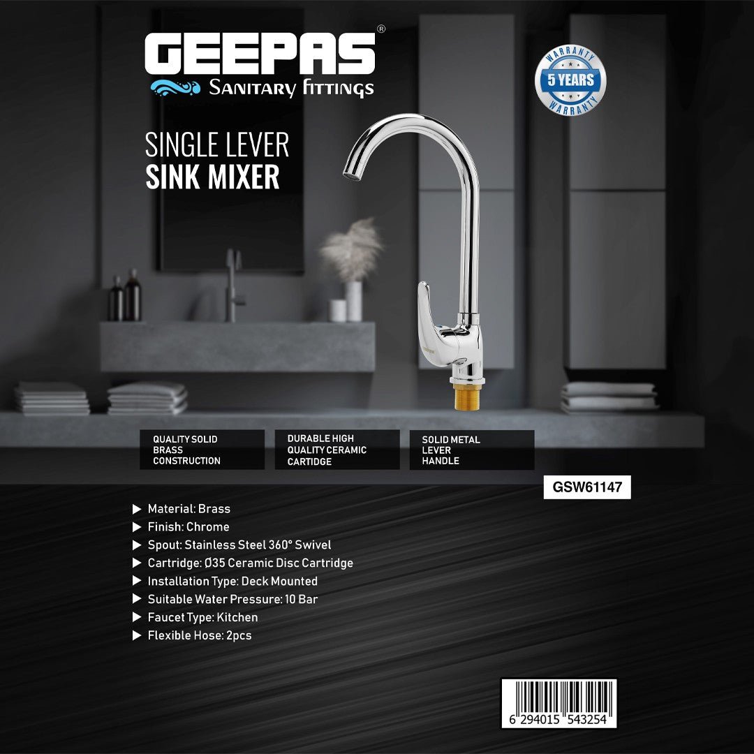 Geepas Sink Mixer GSW61147 | Brass Deck Mounted Tap for Kitchen & Bathroom | Durable Lever Handle | Ceramic Cartridge | 360° Swivel Spout | Leak-Proof | 5-Years Warranty